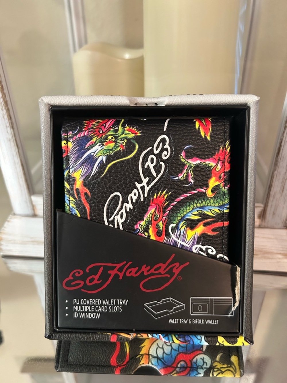 Ed Hardy Black Bifold Wallet with Multicolor Dragon Artwork